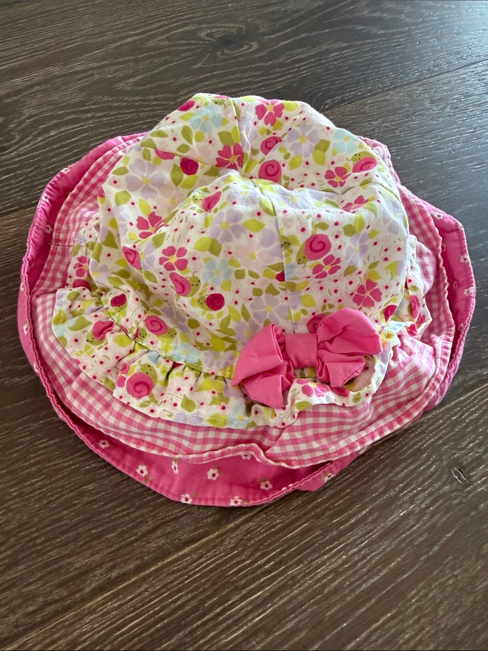 Gymboree Pink & White Floral Sun Hat with Gingham Trim and Bow Accent